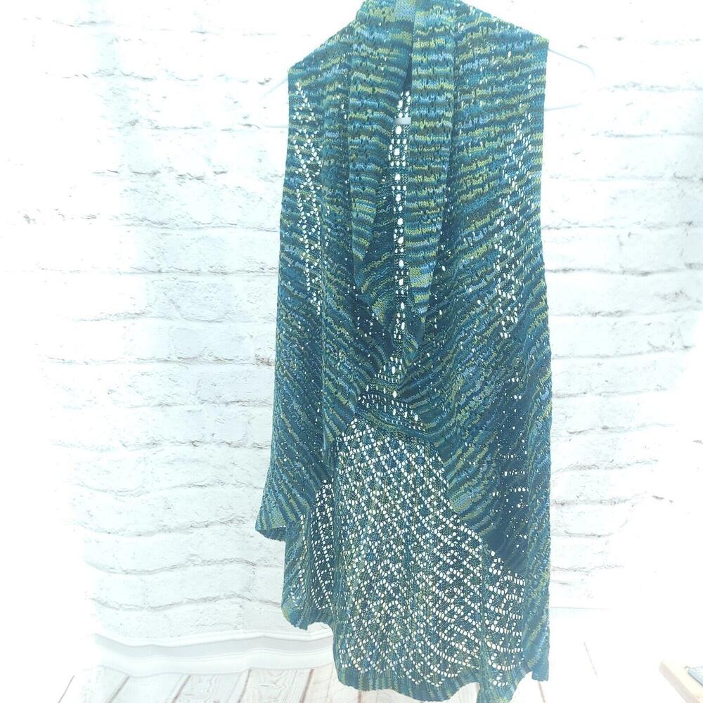 New Directions Green Blue Open Knit Sleeveless Size Small High Low Cardigan
